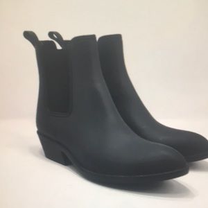 Jeffrey Campbell rain bootie matte black pointed toe Chelsea rubber weeklies